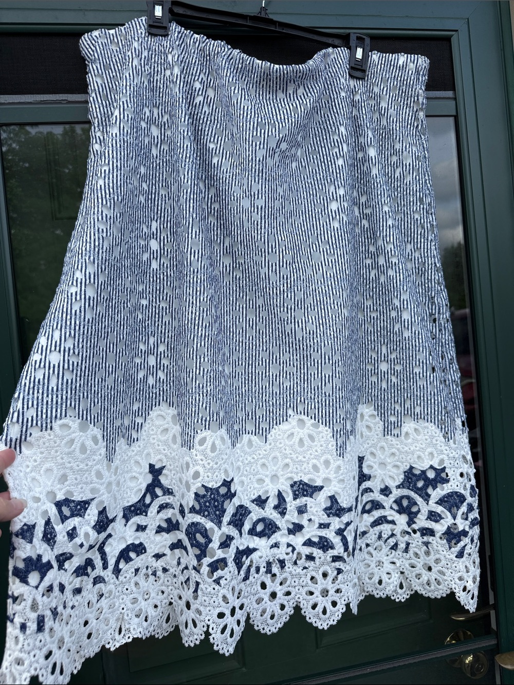 Cato Navy and White Midi Skirt with Lace Hem